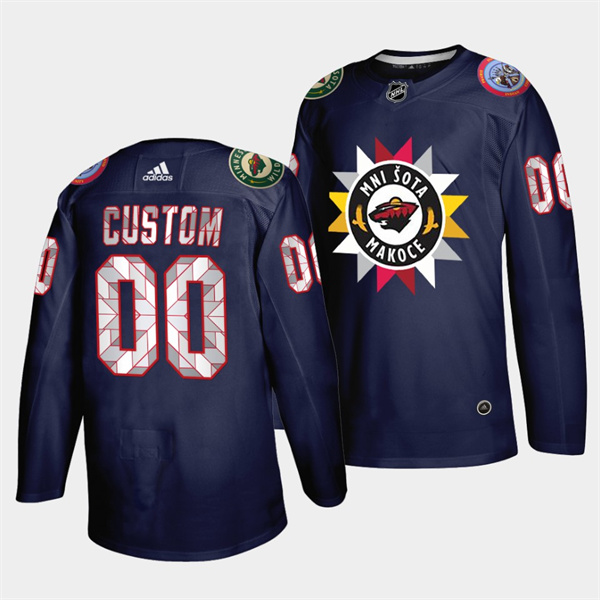 Men's Minnesota Wild ACTIVE PLAYER Custom 2021/22 Navy Native American Heritage Day Stitched Jersey Men's Minnesota Wild ACTIVE PLAYER Custom 2021/22 Navy Native American Heritage Day Stitched Jersey